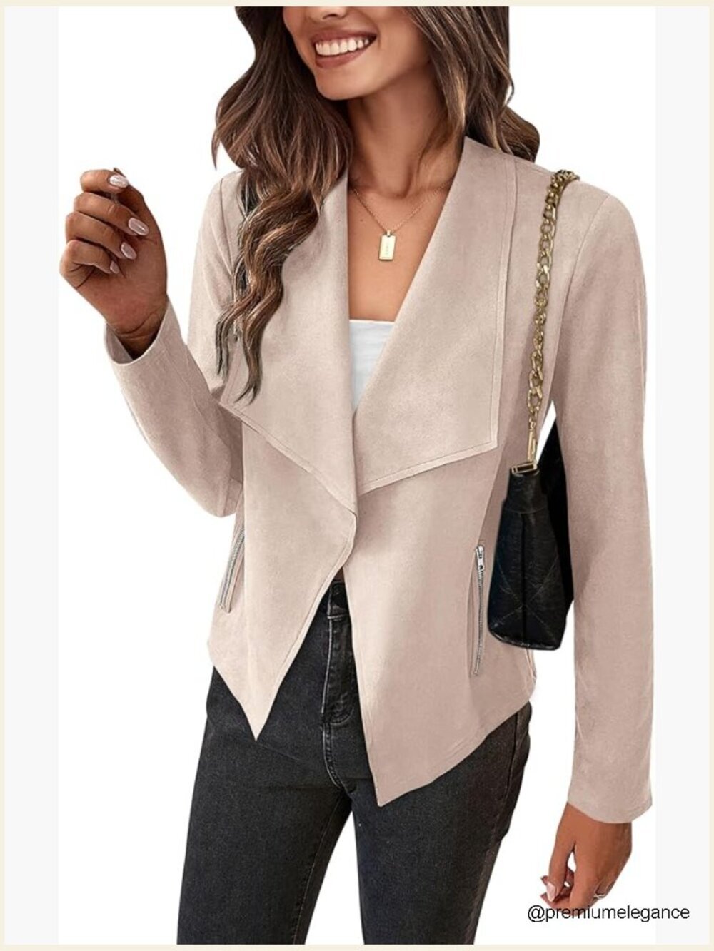 Faux Suede Cropped Coat Open Front Jacket Long Sleeve Waterfall Collar
